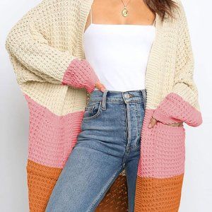 Pink Accent Long Line Open Front Knitted Cardigan